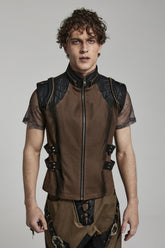 Braune Stehkragen Seite Taille Gurtband Dekorative Nähte Herren Steampunk Weste